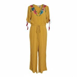 ASOS Embroidered V-Neck Drawstring Tassel Wide Leg Jumpsuit Yellow Red Size 4